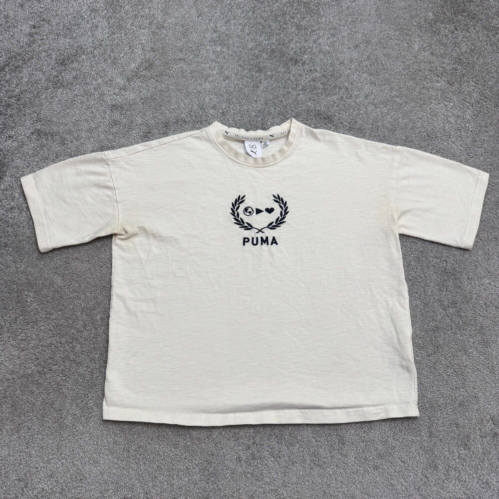 Puma x Selena Gomez Embroidered Graphic T-Shirt Womens S Beige Short Sleeve Coll